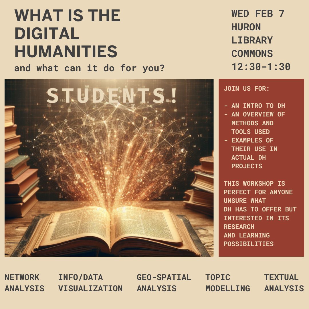 What is the Digital Humanities &amp; what can it do for you? Join us on Wed, Feb. 7 in the Huron Commons at 12:30 pm for: 

- An introduction to Digital Humanities
- An overview of the methods &amp; tools used
- Examples of their use in actual Digital Humanities projects

#HuronULibrary
