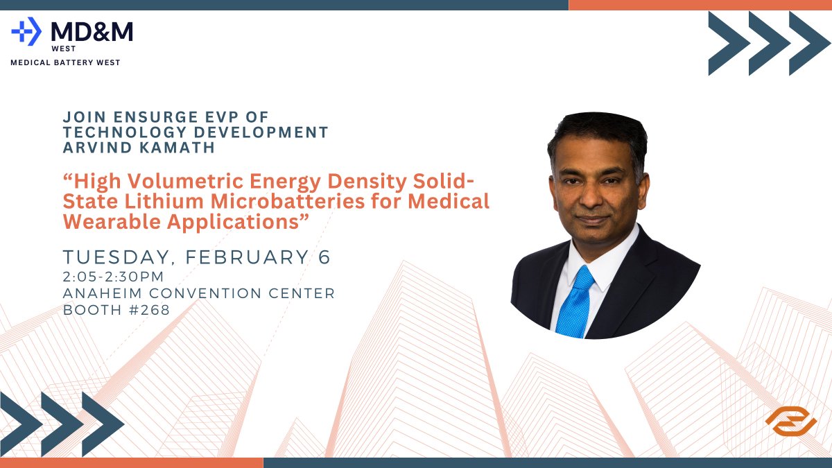 Join Ensurge EVP Arvind Kamath next week at the @MDM_Events #MedicalBatteryWest conference as he explores how our solid-state lithium #microbattery will empower next-gen wearables.

📍 Feb 6, 2:05pm, Booth 268

Learn more: bit.ly/47ZnBXA

#medtech #hearables #MDMWest