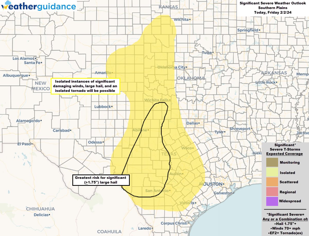 Significant severe weather will be possible today and tonight across portions of the Southern Plains. Primary threats include significant damaging winds, large hail, &amp; an isolated tornado.

See more details with our interactive map, outlooks, and more at bit.ly/2WPnhGV