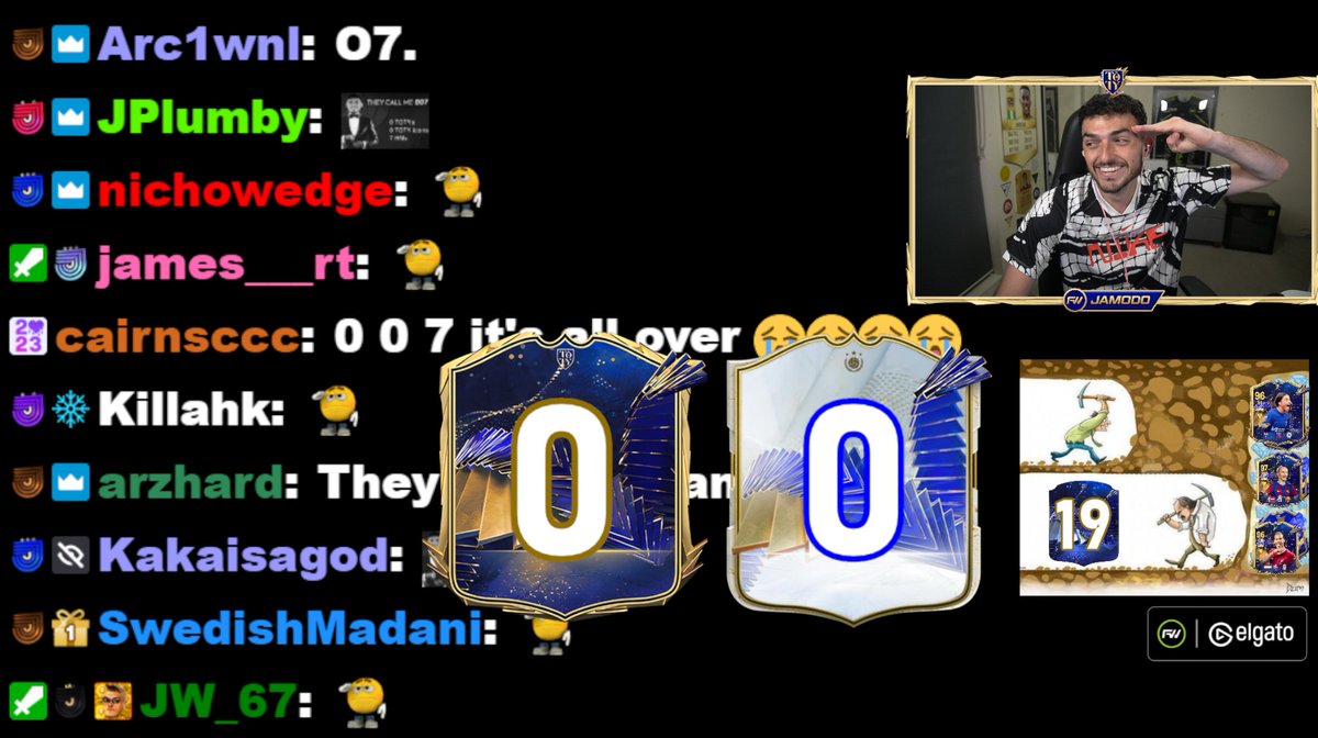 70 hours streamed in 8 days, approximately 3,500 packs opened in total including all the juicer store packs and some tradeable lightning rounds.

- 0 TOTY's, 0 TOTY Icons, 19 Honourable Mentions. 

Shoutout to everyone who dropped by the streams, luck aside we had some fun ❤️