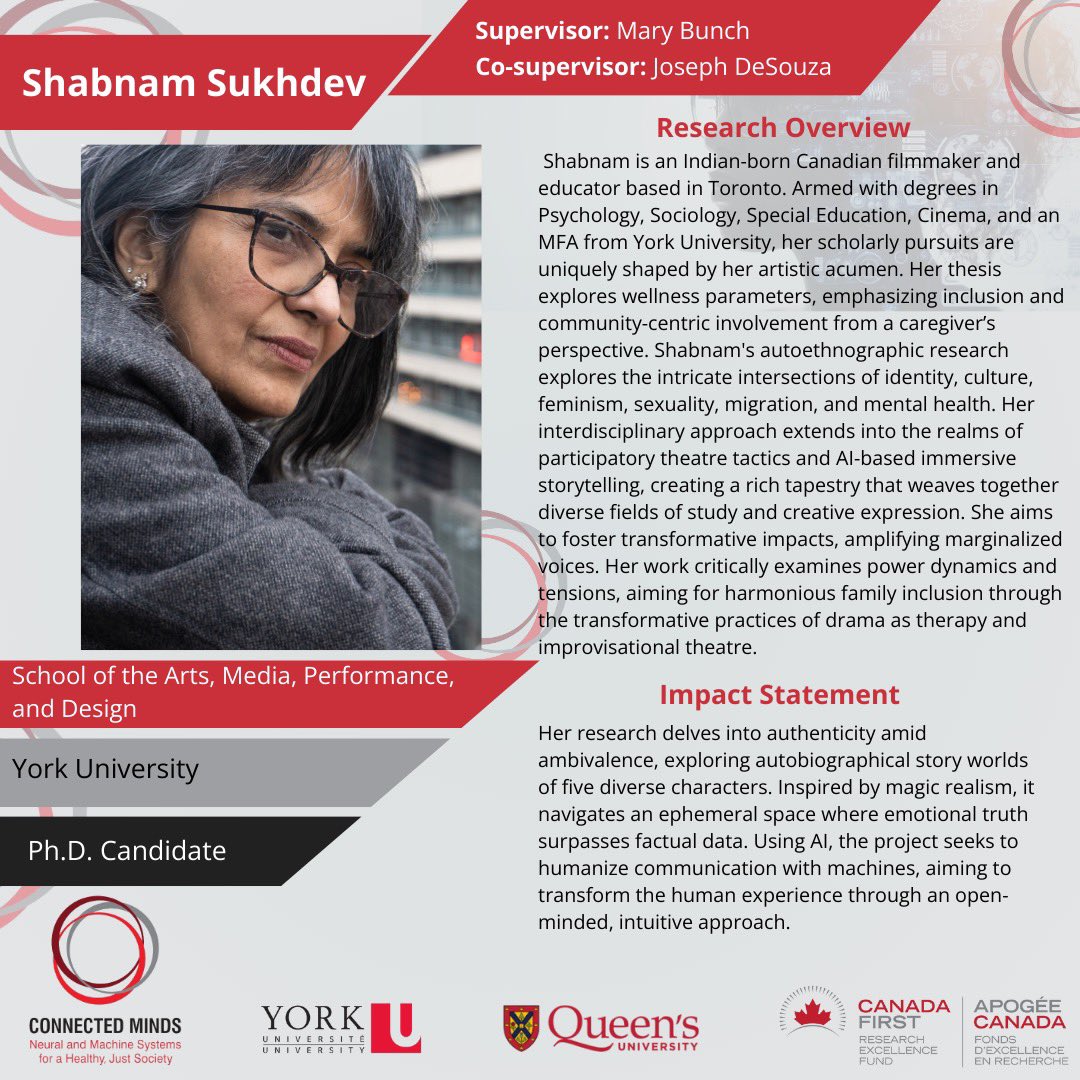 Meet @shabnamsukhdev, a dynamic #PhD candidate at @YorkuAMPD. 🎥 Her #InnovativeResearch explores the fusion of #AI, performance, and familial dynamics. Welcome to the #ConnectedMinds community, Shabnam! #AIandArts #Storytelling