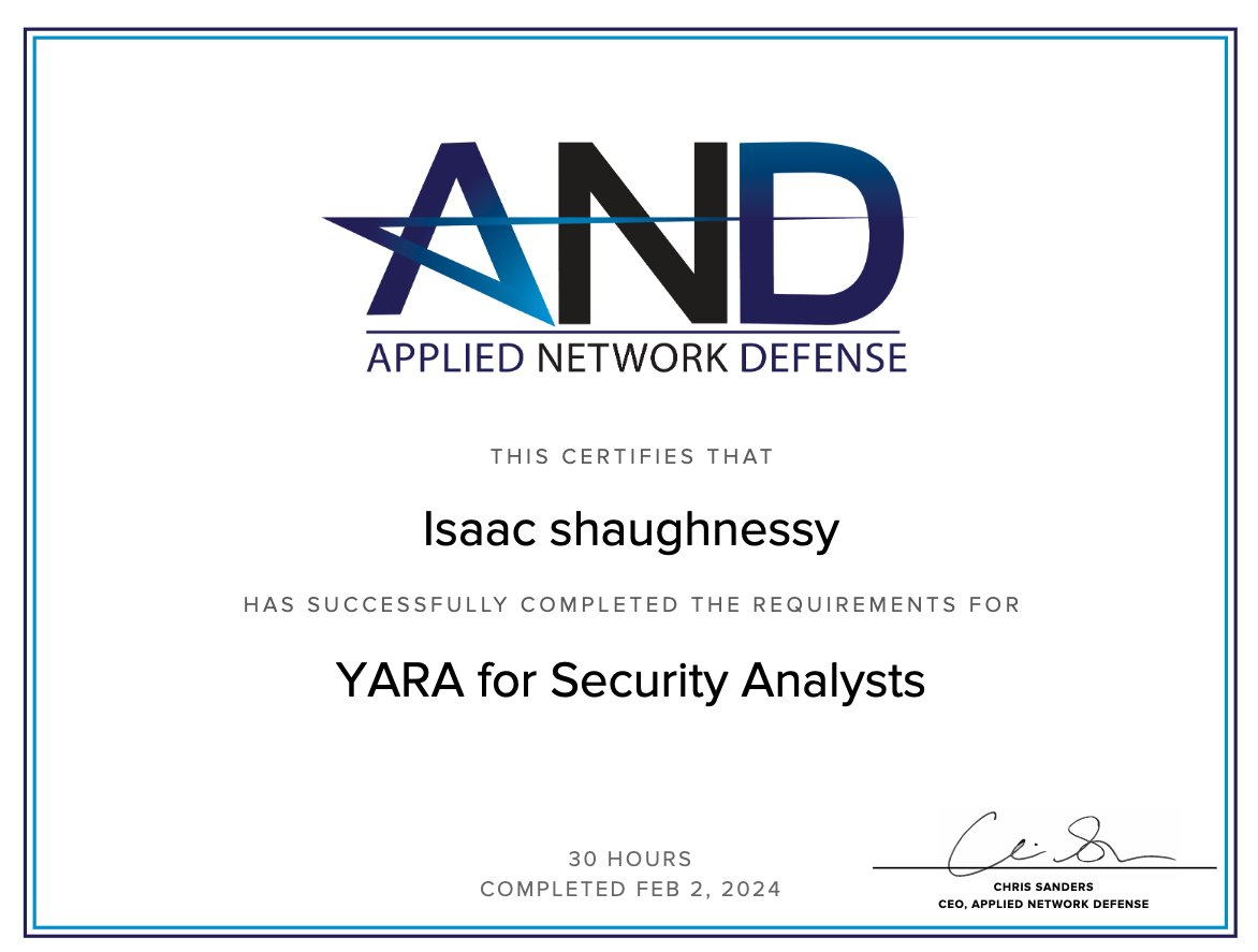 Just completed Yara For Security Analysts! Such an amazing course I'd recommend for anyone looking to learn more about malware analysis and detection!

Thanks for the awesome content @stvemillertime 

#100daysofyara 
networkdefense.io/library/yara-f…