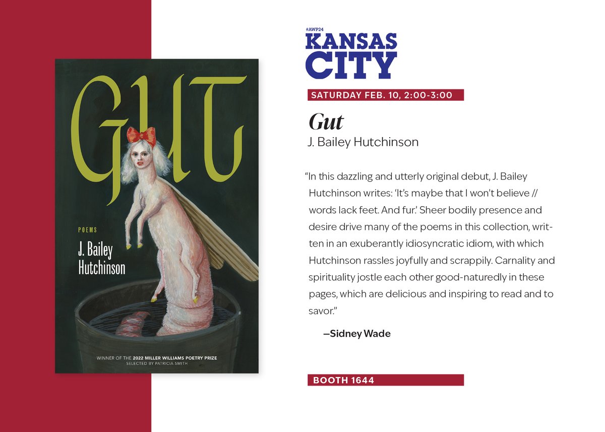 Come by booth 1644 at #AWP24 on Saturday, Feb. 10 for a signing with J. Bailey Hutchinson! Her collection GUT was the winner of the 2022 Miller Williams Poetry Prize. uapress.com/product/gut/