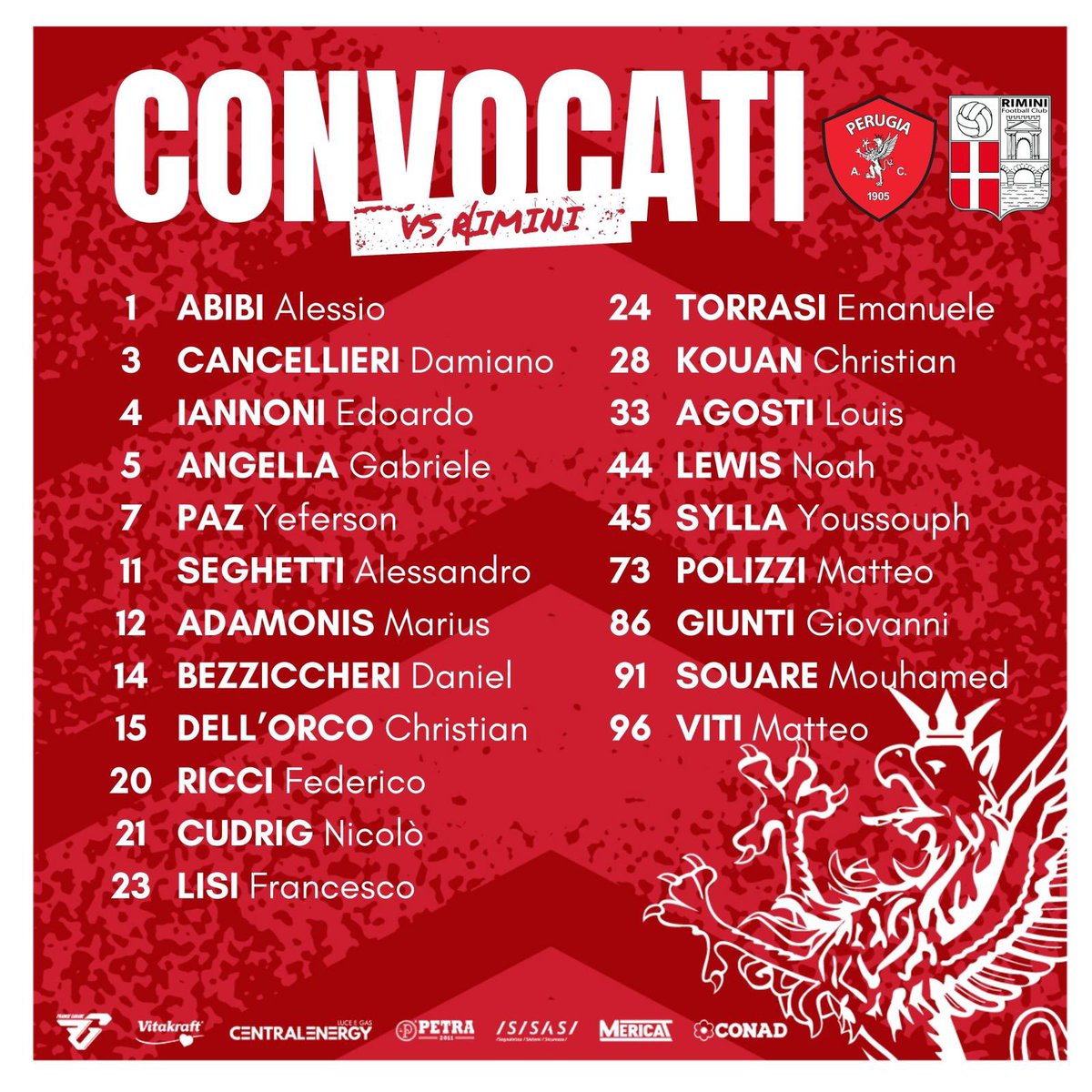 ACPerugiaCalcio's tweet photo. ๐| 2๏ธโฃ1๏ธโฃ CONVOCATI
#PerugiaRimini #forzagrifo @LegaProOfficial #PERRIM #SerieCNOW https://t.co/cjmzVVuEBu