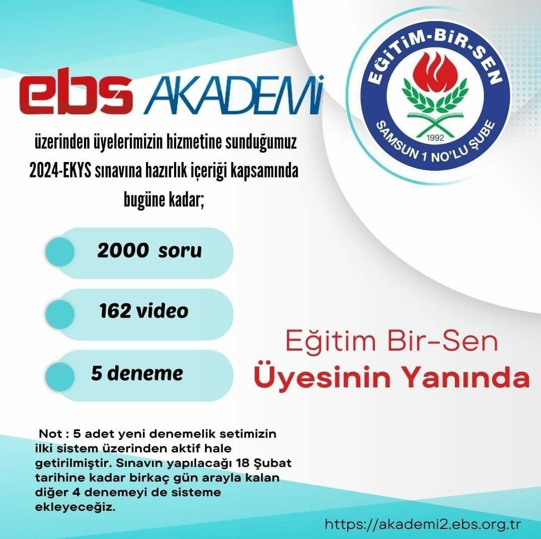 Her zaman olduğu gibi yine üyelerimizin yanında ve destekçisiyiz. 2024 EKYS sınavına hazırlanan siz değerli üyelerimiz için EBS AKADEMİ ye 2000 soru 162 konu anlatımlı video ve 5 adet yeni deneme sınavımız eklendi. Değerli üyelerimize çalışmalarında başarılar dileriz.