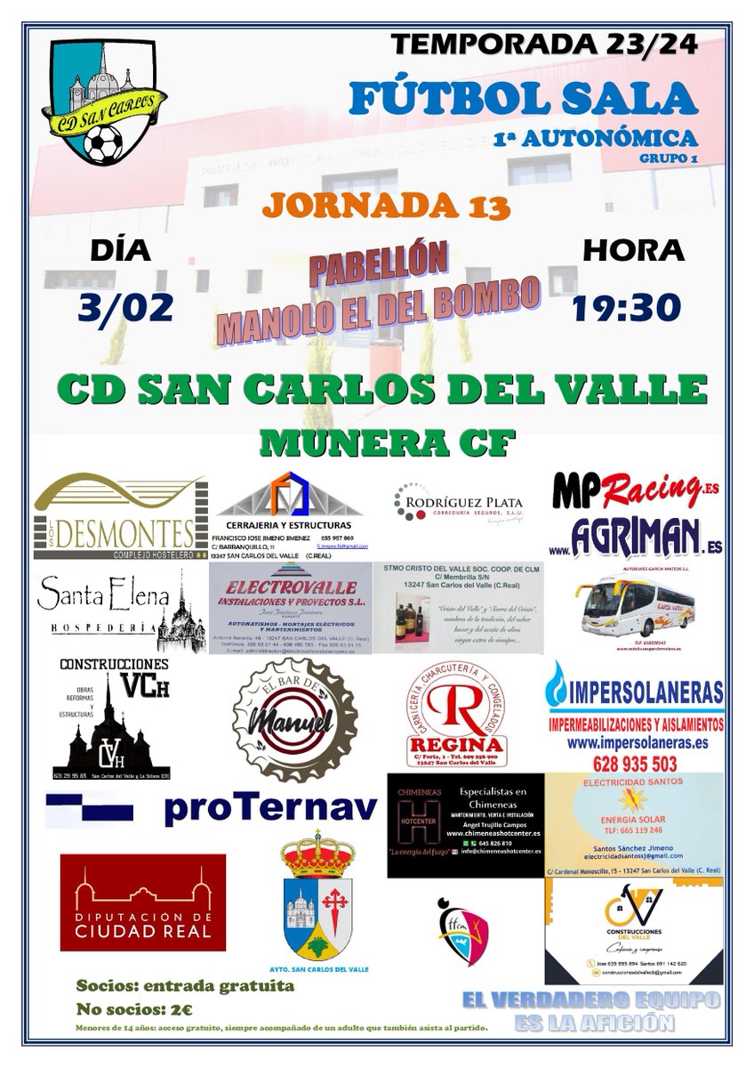 Jornada 13| Partido en casa antes de otra semana de descanso. El CD San Carlos se enfrenta al Munera CF, tercer clasificado de la liga, en el partido que se celebrará mañana a las 19:30h en el Manolo el del Bombo.