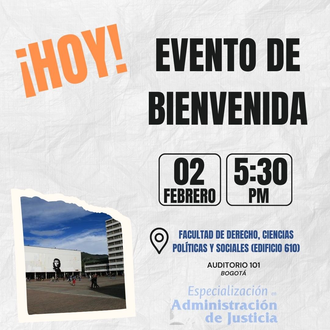 Hoy iniciamos nuestro nuevo proceso de formación. Invitados todos a participar de este encuentro de bienvenida. 

Lugar: Facultad de Derecho, Ciencias Políticas y Sociales

#SomosUN #Unal <a href="/fdcps_unal/">Facultad de Derecho, Ciencias Políticas y Sociales</a> <a href="/UNALOficial/">Universidad Nacional de Colombia</a>
