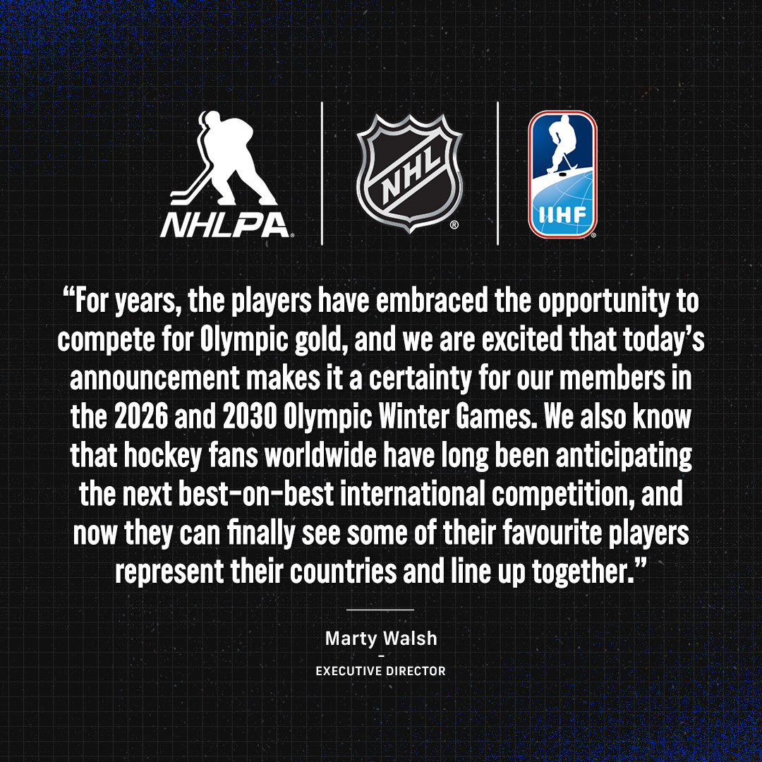 The NHLPA, <a href="/NHL/">NHL</a> and <a href="/IIHFHockey/">IIHF</a> today jointly announced plans for NHL Players to participate in the 2026 and 2030 Olympic Winter Games.

Full announcement: ply.rs/ilrdopovs44
