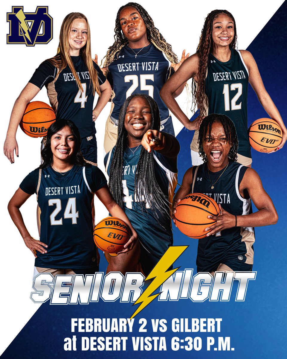 Desert Vista Girls Basketball (@vistagirls) on Twitter photo ⚡️It’s Game Dayyyy!⚡️
But not just any game day….It’s also SENIOR NIGHT!!!
Join us @ 6:30pm before the Varsity game to recognize our 6 Amazing Seniors: Marissa, Aniyah, Maddy, Kate, Shay & E. <a href="/france_marissa/">Marissa France</a> <a href="/Aniyah_26/">Aniyah Riddell</a> <a href="/maddybrown_24/">Madison Brown</a> <a href="/katelarney32/">Katelyn Larney</a> <a href="/shayijiwoye/">shay</a> Go Thunder! ⚡️It’s Game Dayyyy!⚡️
But not just any game day….It’s also SENIOR NIGHT!!!
Join us @ 6:30pm before the Varsity game to recognize our 6 Amazing Seniors: Marissa, Aniyah, Maddy, Kate, Shay & E. <a href="/france_marissa/">Marissa France</a> <a href="/Aniyah_26/">Aniyah Riddell</a> <a href="/maddybrown_24/">Madison Brown</a> <a href="/katelarney32/">Katelyn Larney</a> <a href="/shayijiwoye/">shay</a> Go Thunder!