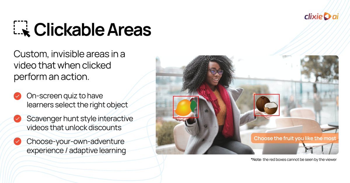 clixieai's tweet photo. Learn how Clickable Areas are used to boost viewer engagement!

👥 Follow a person, object, or product
🔑 Unlock a chapter
🔗 Open a link or document
👀 Dynamically show or hide a chapter
✨ And much more!

🔗 https://t.co/YKlGDjbP6w

#ClixieAI #ClickableAreas #InteractiveVideo https://t.co/5Nez1tvZvt