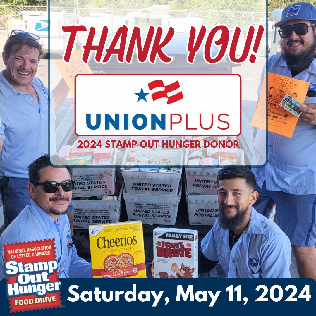 Thanks, @UnionPlus, for your generous contribution! We are grateful for the support of our donors as letter carriers across the country prepare to make this one of the most successful #StampOutHunger Food Drives yet. Together, we can fill the shelves of our local food pantries!