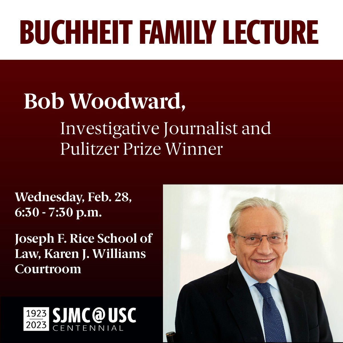 This year's Buchheit Family Lecture will feature investigative journalist and Pulitzer Prize winner Bob Woodward. Date and Time: Wednesday, Feb. 28, 6:30-7:30 p.m. Location: Joseph F. Rice School of Law, Karen J. Williams Courtroom Registration: bit.ly/buchheit-lectu…