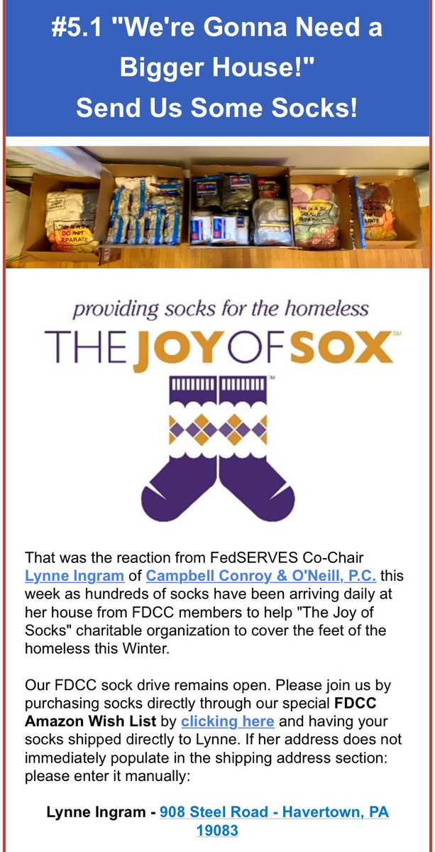 lynneoingram's tweet photo. Please join @fdcclaw and FedSERVES in partnering with @thejoyofsoxorg to provide socks for the homeless of Philadelphia. Purchase HERE through our Amazon Wish List: https://t.co/mXshdrBrrE #FDCC #FedSERVES #GiveBack https://t.co/vXVWQZfiIP