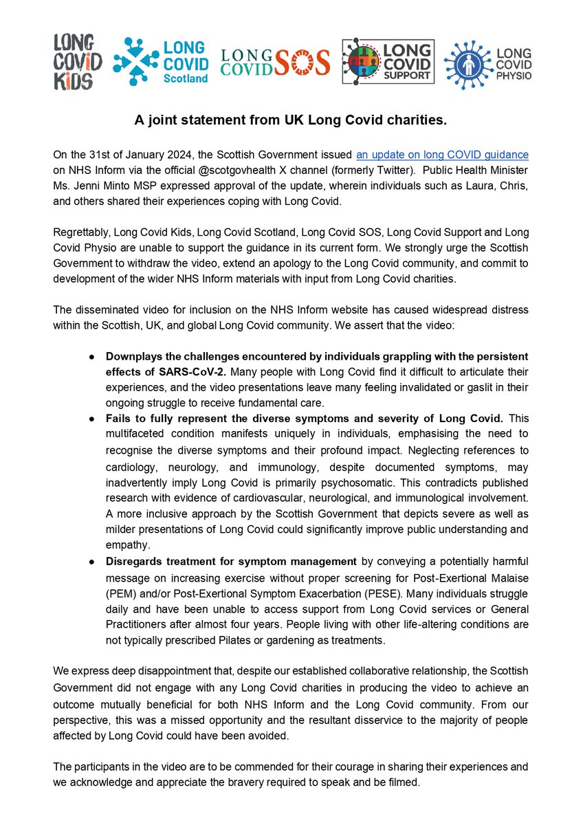 A collective response from @longcovidkids @longcovidscot @longcovidsos @long_covid @longcovidphysio following @scotgovhealth recent video update on the NHS Inform Long Covid guidance. To support our concerns please RT our statement. #LongCovid #LongCovidKids #TreatLongCovid