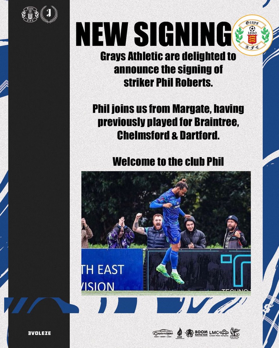 NEW SIGNING Grays Athletic are delighted to announce the signing of Striker Phil Roberts. Phil joins us from Margate FC having previously played for Braintree, Chelmsford and Dartford. Welcome to the club Phil