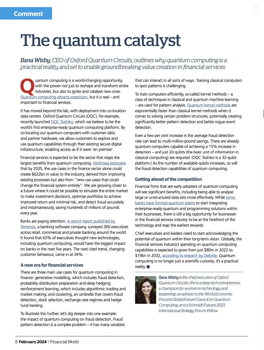 "Financial services is expected to be the sector that reaps the largest benefits from quantum computing"
In the latest edition of #FinancialWorldMagazine our CEO Ilana Wisby explores why #QuantumComputing is a practical reality and set to enable groundbreaking value creation👇