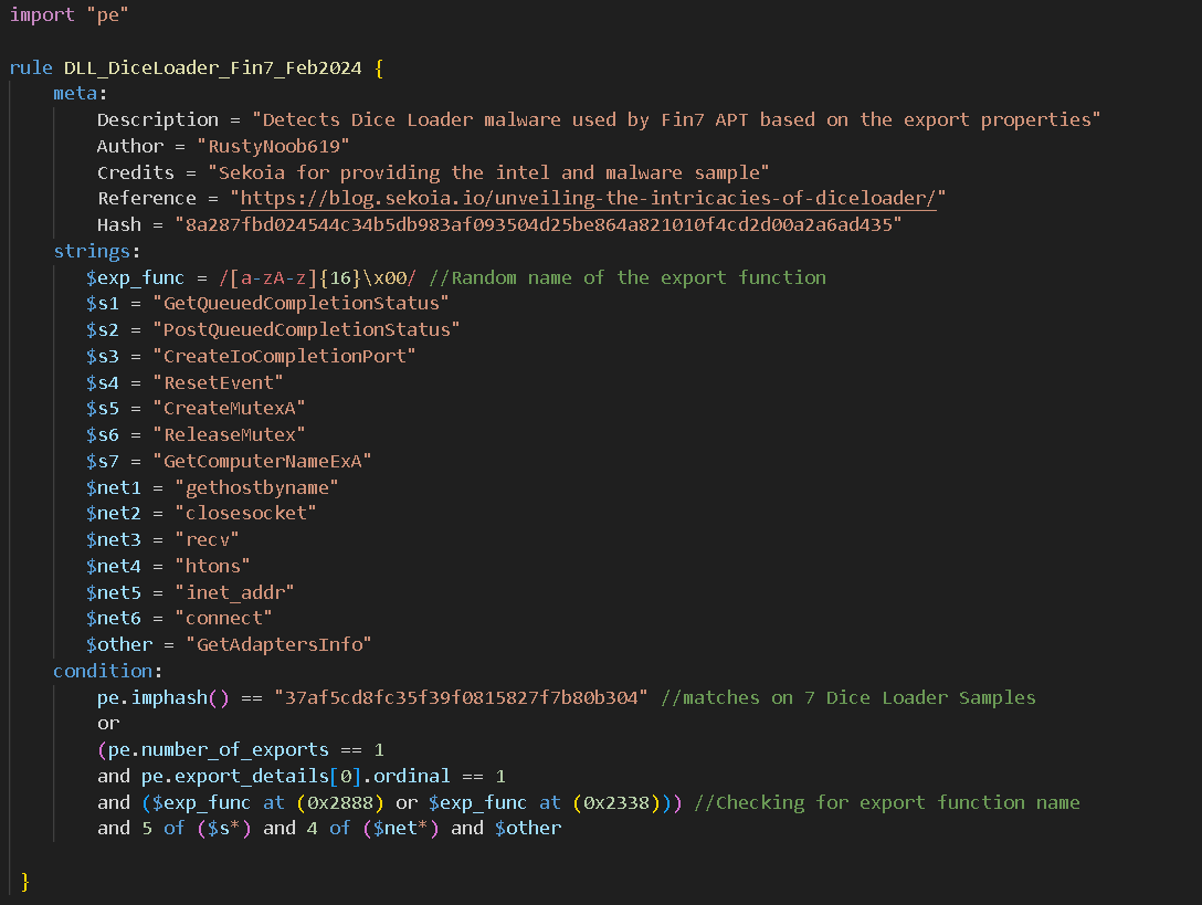 RustyNoob619's tweet photo. #100DaysofYARA Day33: #DiceLoader malware used by Fin7
Experimenting with export offsets and RegEx to grab the randomly generated export function names by the DLL.
https://t.co/2xvL8kjss0
Super insightful analysis by @sekoia_io. Bonus was the YARA rule towards the end 🐧 https://t.co/O0vDH4EUEo