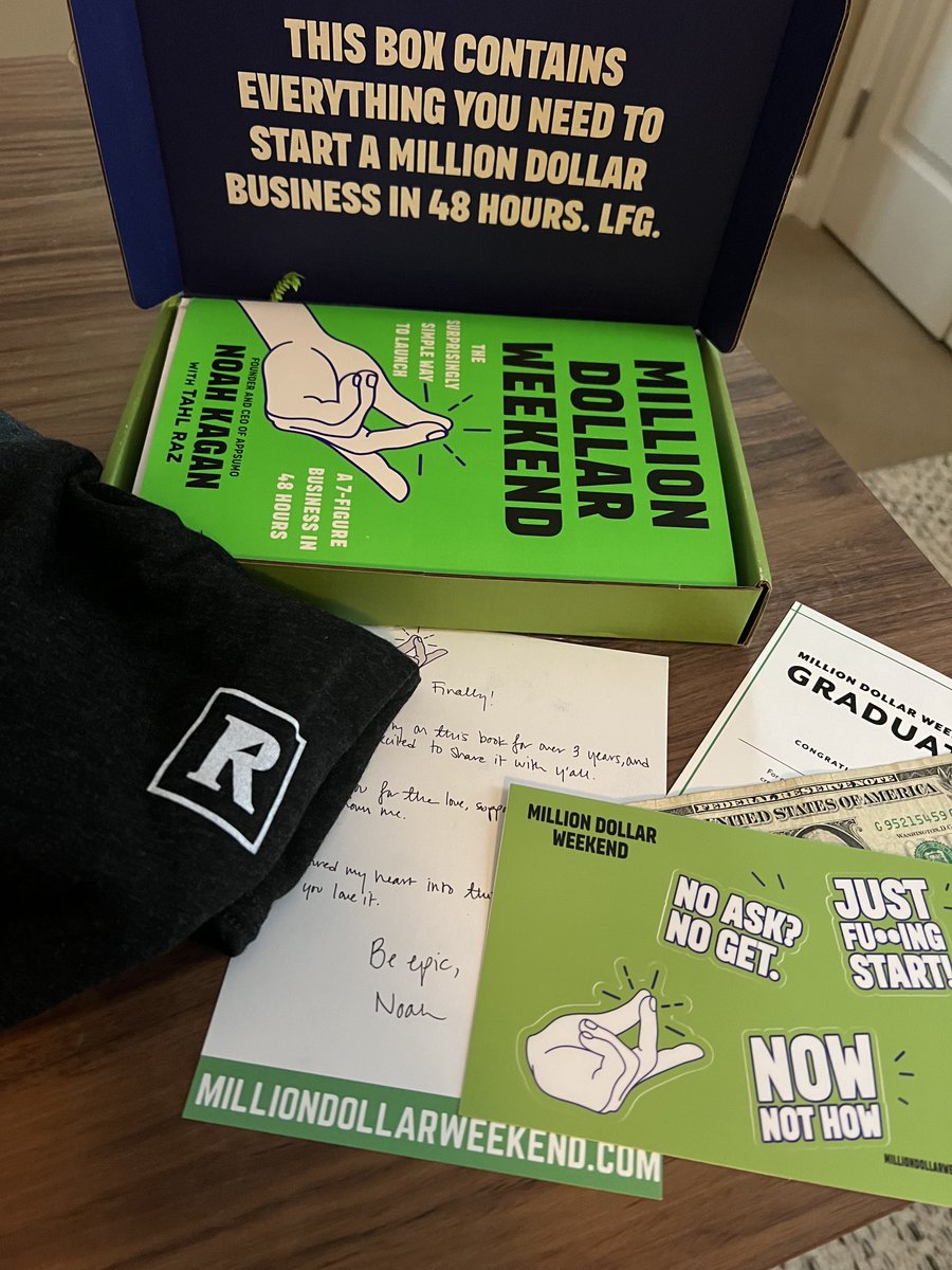 I don't read physical books so I need to give away this hardcopy of Million Dollar Weekend by the one &amp; only <a href="/noahkagan/">Noah Kagan</a>!

I'll throw in some <a href="/readwise/">Readwise</a> holographic stickers and a tee as a bonus😛

Retweet and Ii'll pick a winner at random in 3 days (Feb 5th)!