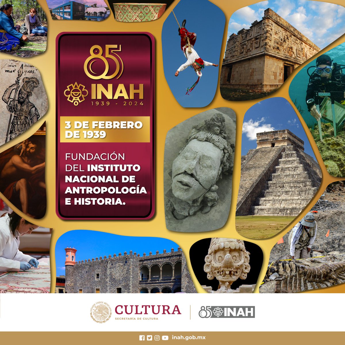 #Efeméride 📜 | 3 de febrero de 1939. Fundación del Instituto Nacional de Antropología e Historia.

🔸Por mandato del entonces presidente Lázaro Cárdenas, se creó con la misión de investigar, conservar y difundir el vasto patrimonio cultural de México.

#INAH ✨#85AniversarioINAH
