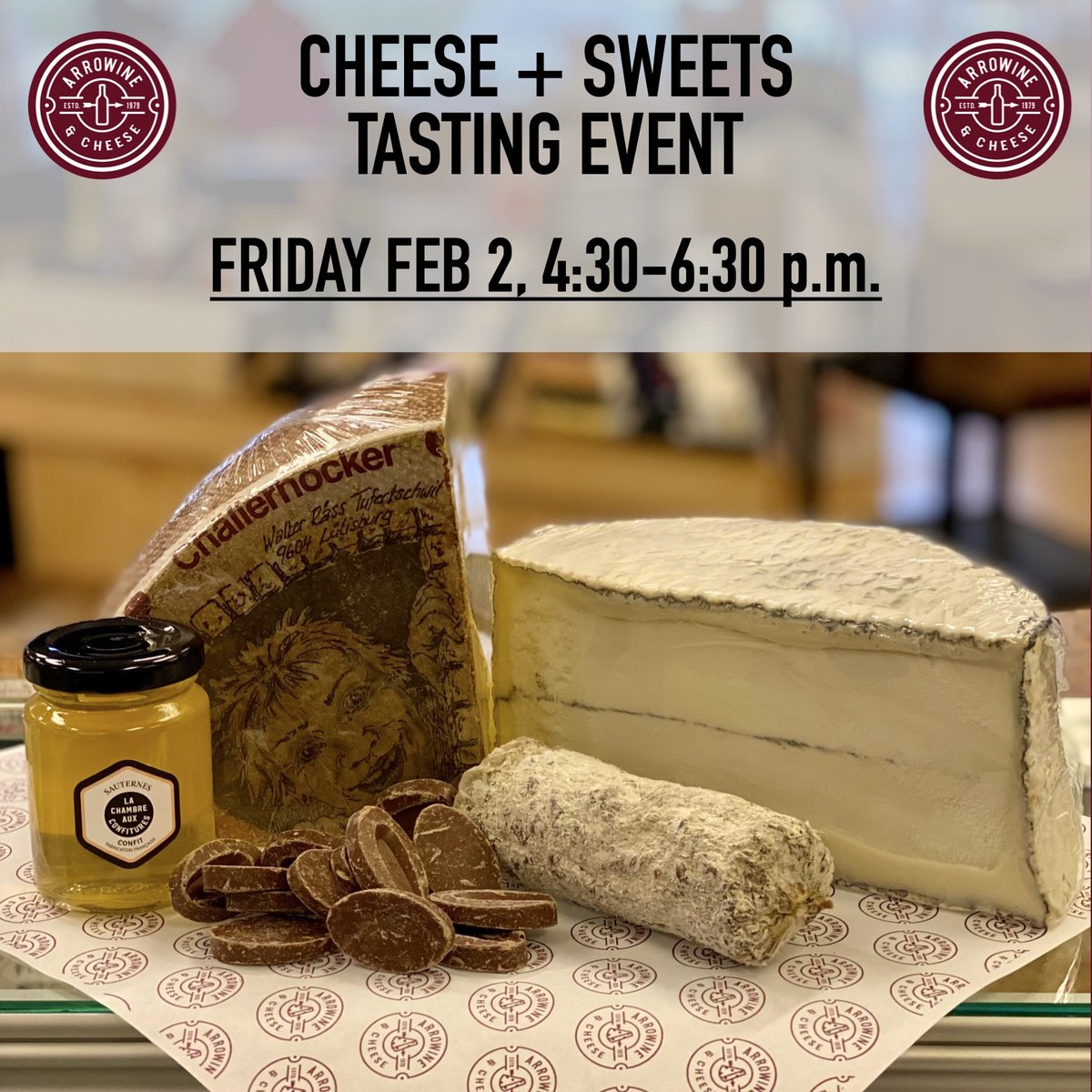 Our Friday wine and cheese tasting starts at 4:30p!  Our mongers have a sweet tooth this week, so they're exploring delicious cheese combos featuring chocolate, jams, and more.  Come get your weekend goodies and treat your tastebuds to some indulgent fun!
