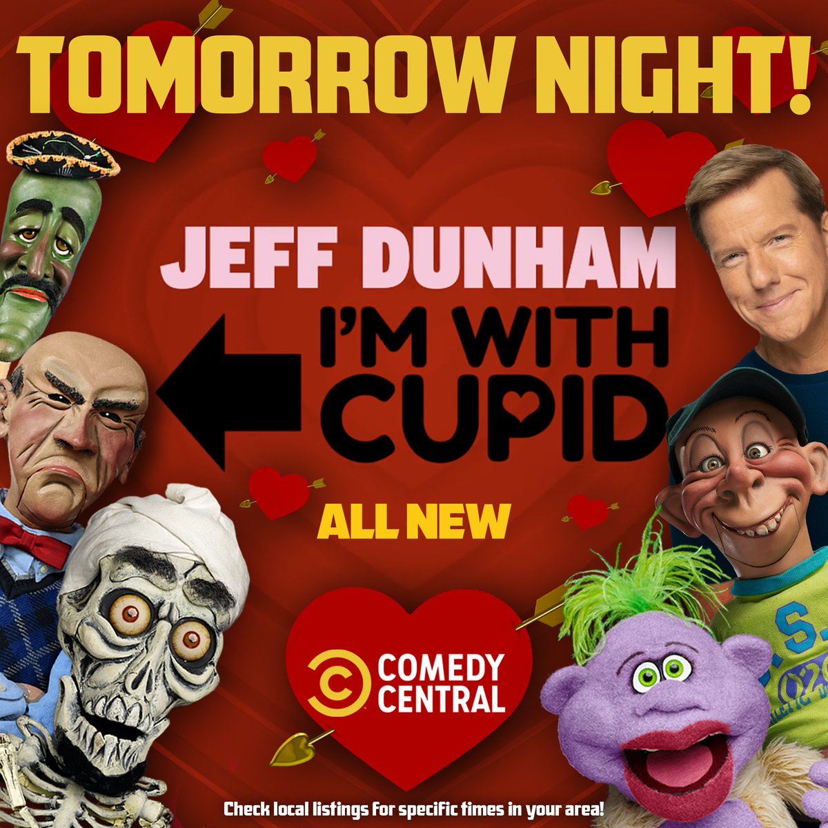 jeffdunham's tweet photo. TOMORROW NIGHT! Grab your popcorn and cozy up to watch the premiere of my ALL NEW Valentine’s Day standup special “Jeff Dunham: I’m With Cupid!” Tune in to Comedy Central for a date you will never forget!! https://t.co/CLb9xdqeCU