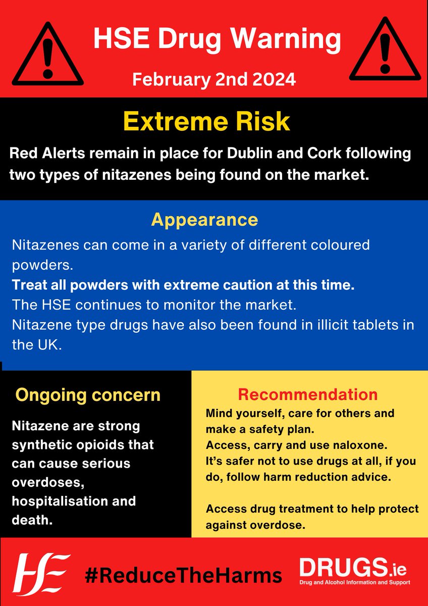 HSELive's tweet photo. We are issuing new drug information this Bank Holiday weekend as a second type of nitazene, ‘Protonitazene’ has been identified. These products could come in a variety of different coloured powders sold on the heroin market. There is a high risk when using powders at this time. https://t.co/Dr49HmgrEY