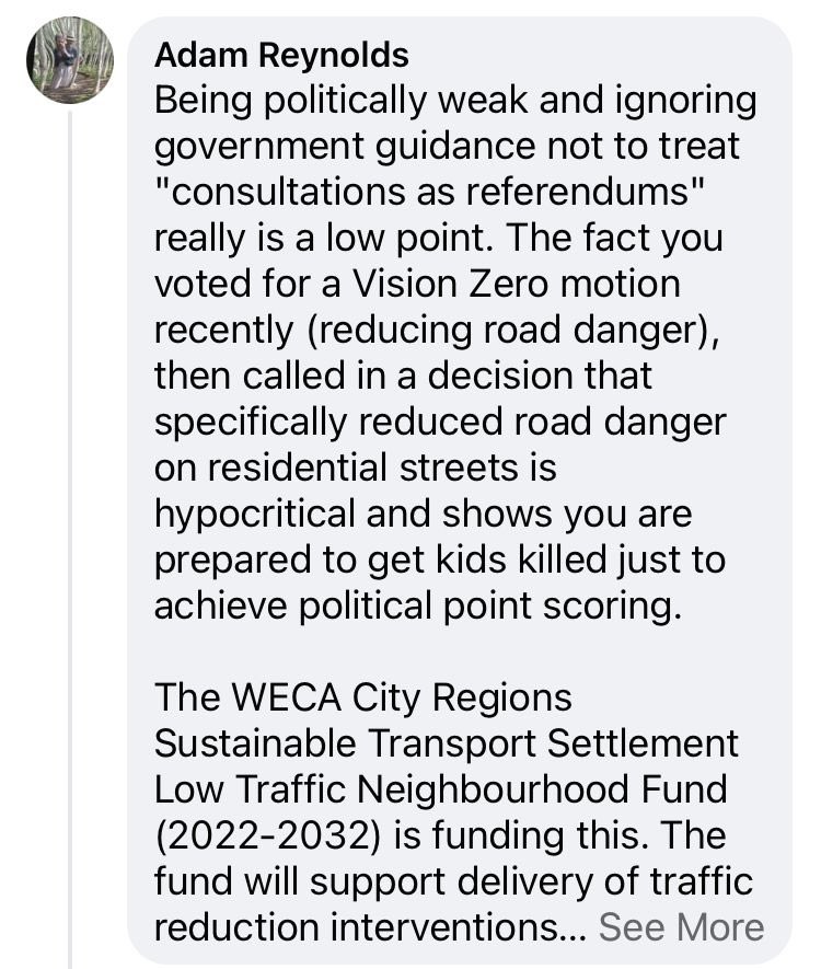 Slightly worrying that a democratic decision to call in just one of the several LN’s being put forward based on consultation responses is being responded to with claims we are ‘prepared to get kids killed’. 

Absolutely vile, gutter politics from someone that should know better.