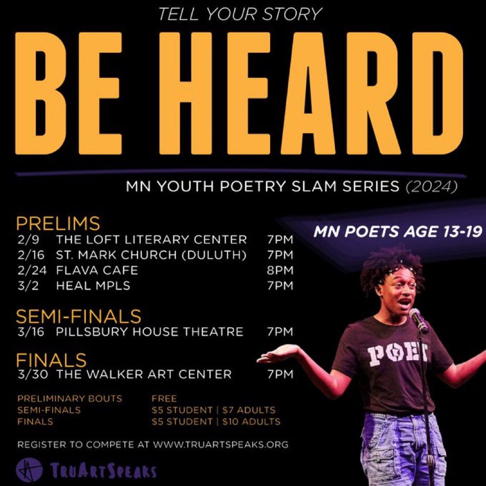 Attention young poets and teachers of MN: @TruArtSpeaks is getting ready to begin the 2024 BeHeard Poetry slam, where winners will receive a $500 scholarship, go on a few national trips to rep MN, publish a chapbook and mentorship from yours truly! First prelim is next weekend!