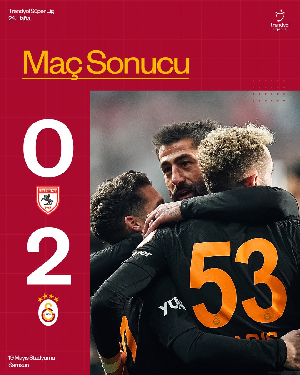 GalatasaraySK's tweet photo. Trendyol Süper Lig’de üst üste 5️⃣. galibiyet! 💪🙌

Maç sonucu: Yılport Samsunspor 0-2 Galatasaray 👏

#SAMvGS https://t.co/tXCVPa60dZ