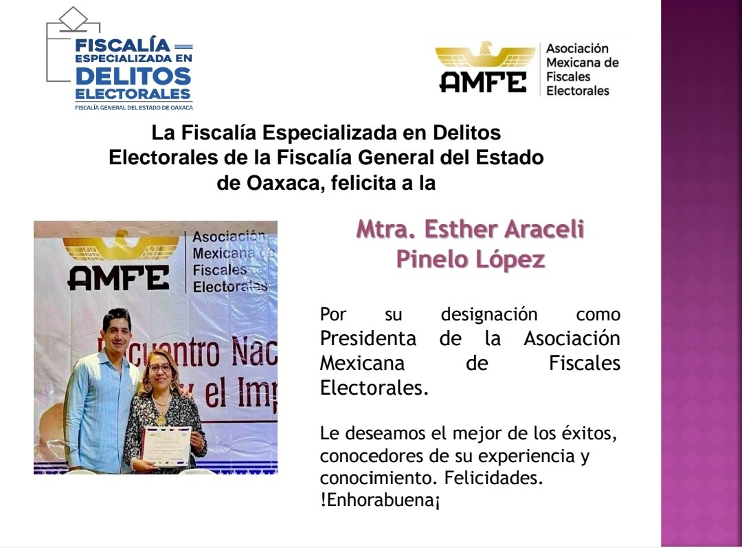 FElectoralOax's tweet photo. La  @FElectoralOax de @FISCALIA_GobOax, felicitamos a nuestra  titular Mtra Esther Araceli Pinelo López, por su designación como Presidenta de la @AMFEMX.
Le deseamos el mayor de los éxitos, conocemos su experiencia y profesionalismo.  !Muchas Felicidades!
@SM_GobOax 
@SEGO_Oax https://t.co/aThnNa97HS