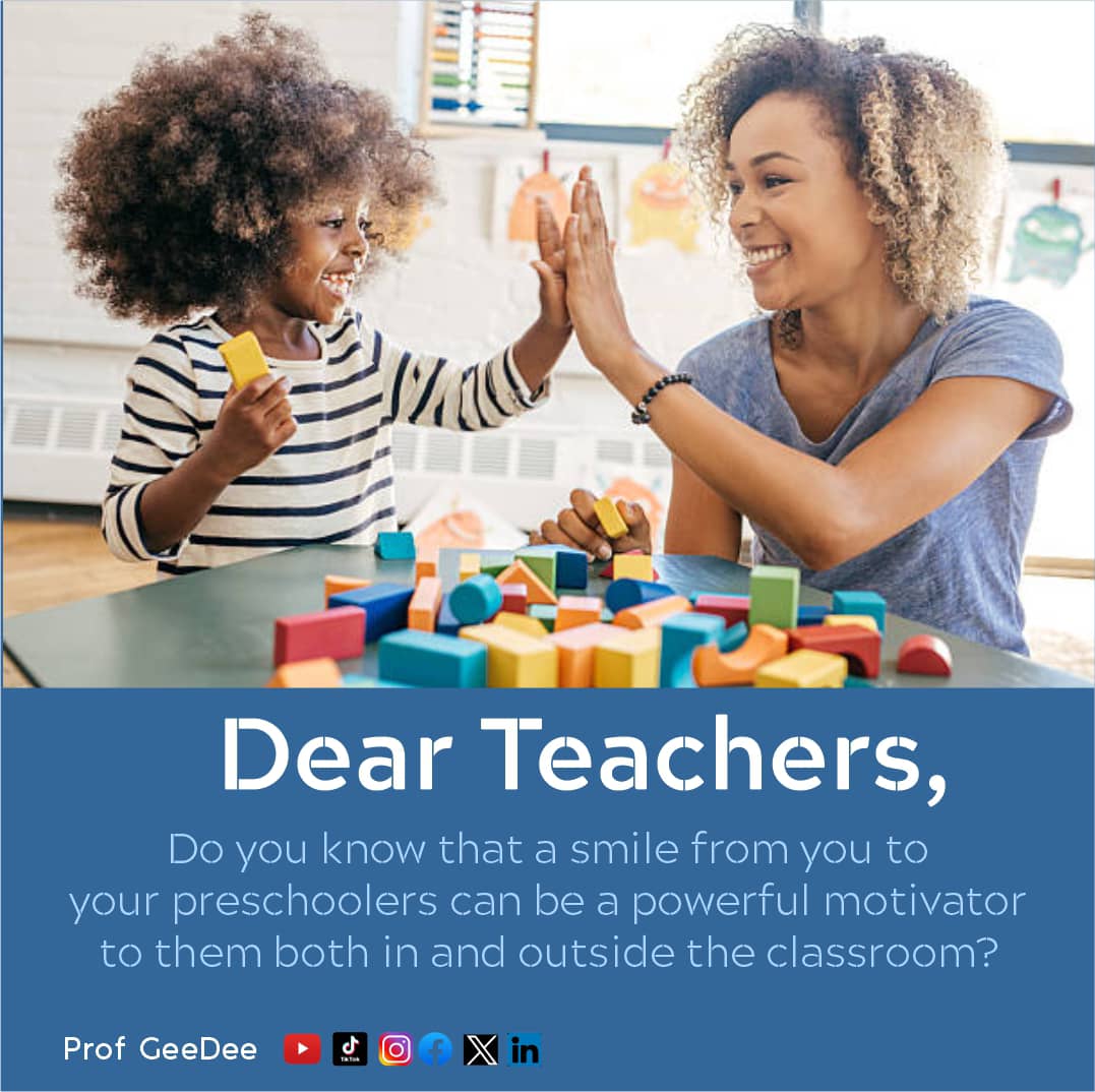 Have you noticed that preschoolers engage and interact more positively when greeted with a teacher's friendly smile?

Your smiles as a teacher to your preschoolers help them feel safe.

#earlyyears
#earlylearning
#earlychildhoodeducation
#dearteacherseries
#profgeedee