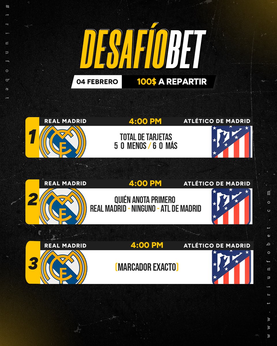 Triunfobet1's tweet photo. HAY DERBY EN MADRID Y 100$ A REPARTIR EN TRIUNFOBET 🏆

Real Madrid y Atlético de Madrid se han enfrentado 3 veces esta temporada con 2 victorias para los colchoneros y una para los merengues.

Pronostica este partido y participar por los 100$ de esta semana.

Participa siguiendo estas indicaciones:
1⃣ Seguirnos, darle like ❤️ y RT 🔄 a este Tuit.

2⃣ Tener tu perfil verificado en https://t.co/25wJdc7iey con la foto de la cédula y la foto tipo selfie en el usuario.

3⃣ Haber realizado una recarga de mínimo 3$ en la página, tomaremos en cuenta las recargas desde el lunes 29 de enero hasta empezar el partido.

4⃣ Dejar tu pronóstico + tu nombre de usuario de Triunfobet 🏆.

De haber varios ganadores el premio será repartido entre las personas que hayan acertado y que cumplan con todas las condiciones.

Recuerden apoyar la cuenta para traerle más sorteos y aumentar los montos 🔥.

¡ÉXITOS A TODOS, TRIUNFADORES ❤️! ¡QUE GANEN LOS MEJORES 🏆!