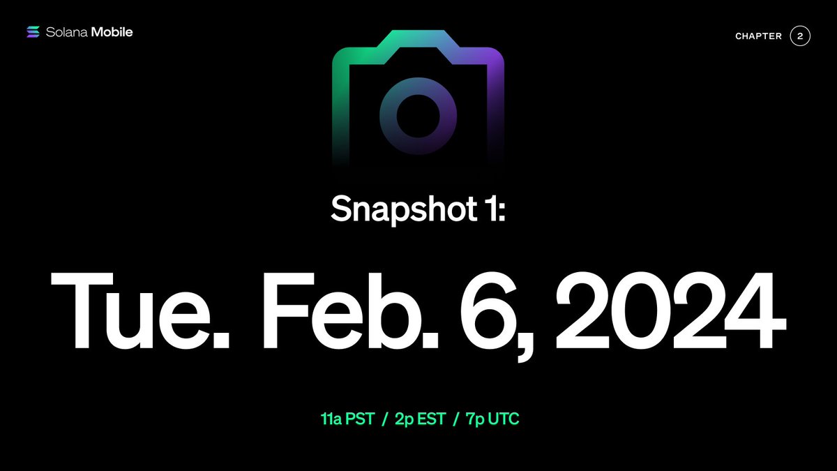 SNAPSHOT IN 4 DAYS 📸 

#Chapter2’s 1st Leaderboard snapshot will be taken on Tues, Feb 6 @ 7 PM UTC. Top 1500 will receive a non-transferrable Element NFT 👀

BONUS: Preordered? Expect a non-transferrable #Chapter2 Preorder Token ✨

Preorder &amp; share solanamobile.com/two
