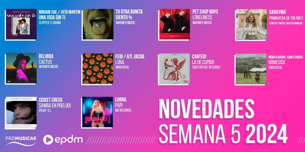 ¡Nada que nos guste más que acabar la semana con buena música! ¡Descubre las novedades que te traen: @OficialMSae, @TuOtraBonita, @petshopboys, @saraymaoficial, @belindapop, @feid, @muchocanteo, @NoahKahan, #CisketCreus y @Lorna507! ¡Descúbrelas en 👉🏻 elportaldemusica.es!