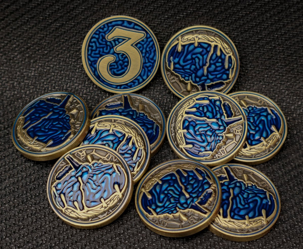 A vibrant blue brain melts away into golden droplets. These Melting Mind sanity tokens were designed to be the perfect components to track your dwindling sanity in Arkham Horror!

bit.ly/3ufLJYj

#tabletopgaming #tabletop #arkhamhorror #spooky