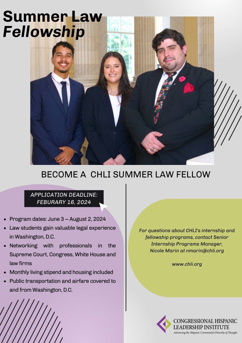 TWO WEEKS left to apply for CHLI's Summer Law Fellowship in DC! Open to 1st & 2nd-year law students for an immersive legal experience, networking & free travel & lodging benefits. Apply by February 18th for the June 3 - Aug 2 program. #LawFellow #Networking #WashingtonDC #L1 #L2