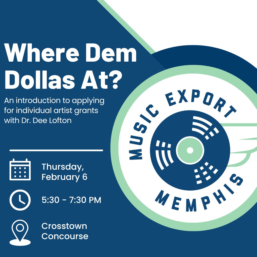 RESCHEDULED❗️⁠
Join us for our workshop on individual artist grants 'Where Dem Dollas at?' February 6 at 5:30PM!

Hit the link below to reserve your spot!
musicexportmemphis.org/individual-art…