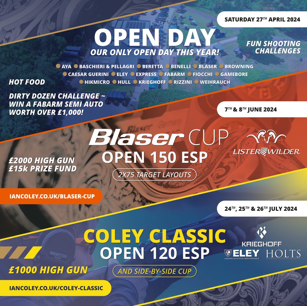 📅 Important Dates for your Diary!
.
#aya #baschieriepellagri #beretta #benelli #blaser #browning #caesarguerini #eleyhawk #express #fabarm #fiocchi #gamebore #hikmicro #hull #krieghoff #rizzini #weihrauch