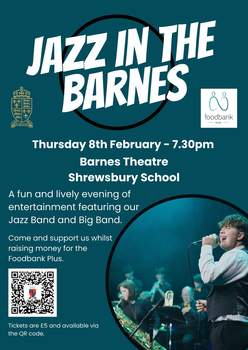 Jazz in the Barnes returns to Shrewsbury next week! 
Join us for an evening of entertainment featuring our Jazz Band and Big Band. 
Tickets are £5, with proceeds going to Shrewsbury Foodbank Plus. Book using the link below. #ShrewsburyMusic 
bit.ly/3UntWcc