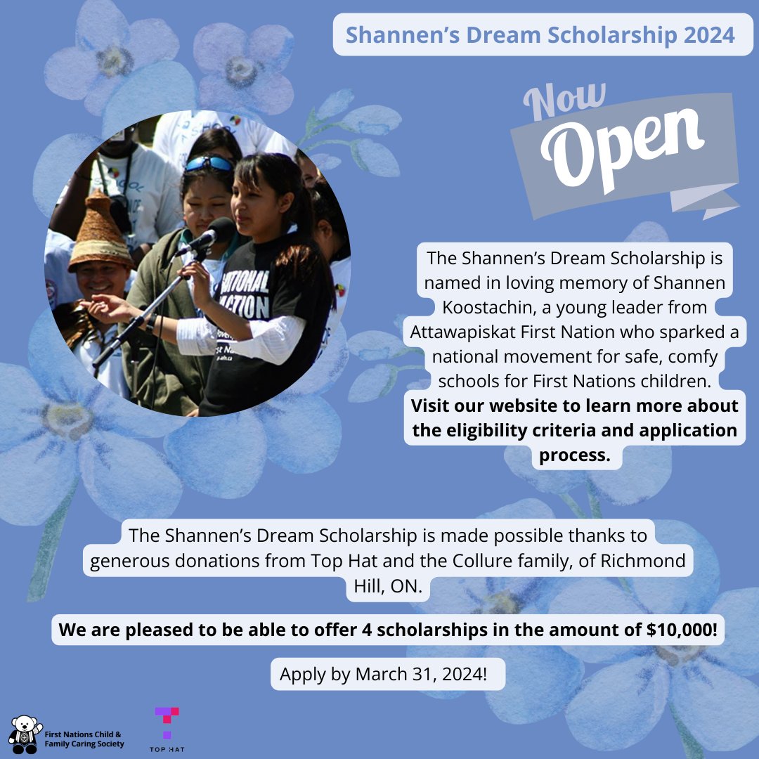 Don't miss this opportunity - four scholarships of $10,000 to be awarded to First Nations youth pursuing post-secondary studies (university, college, trades) as part of the Shannen's Dream Scholarship. 

Are you a young leader? Apply today! 

fncaringsociety.com/awards-scholar…
