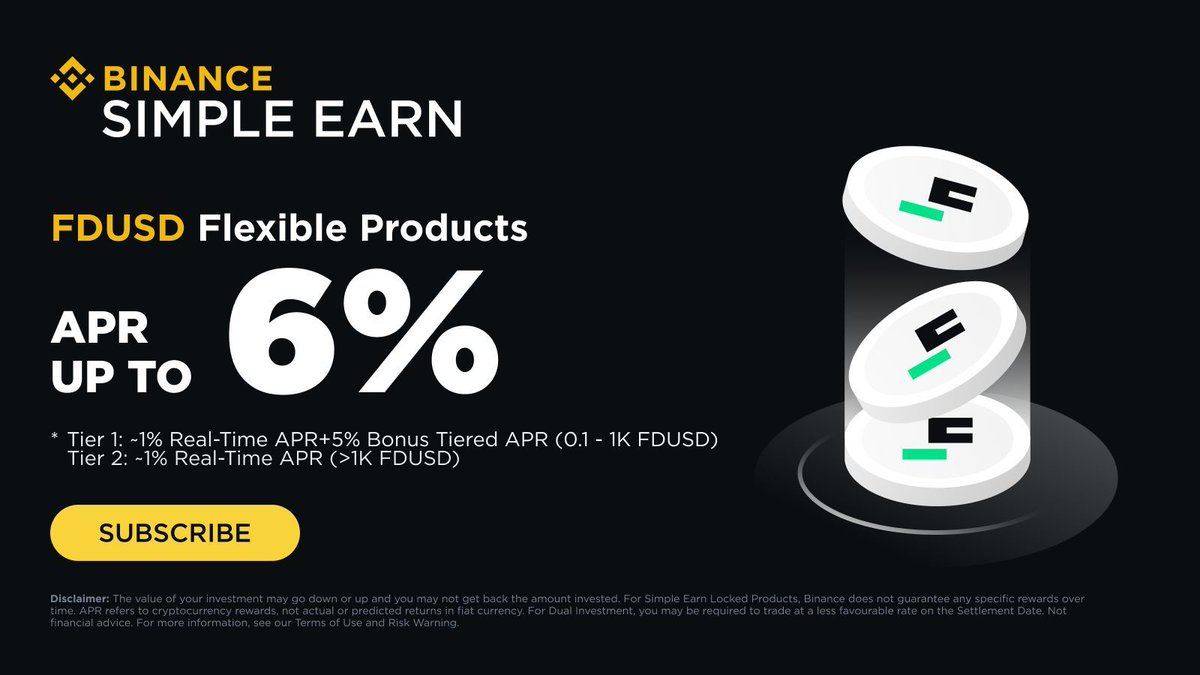 Start earning more from your crypto with #Binance Earn. You can now can  earn a Bonus Tiered APR of up to 6% on top of Real-Time APR rewards for  $FDUSD. Learn more