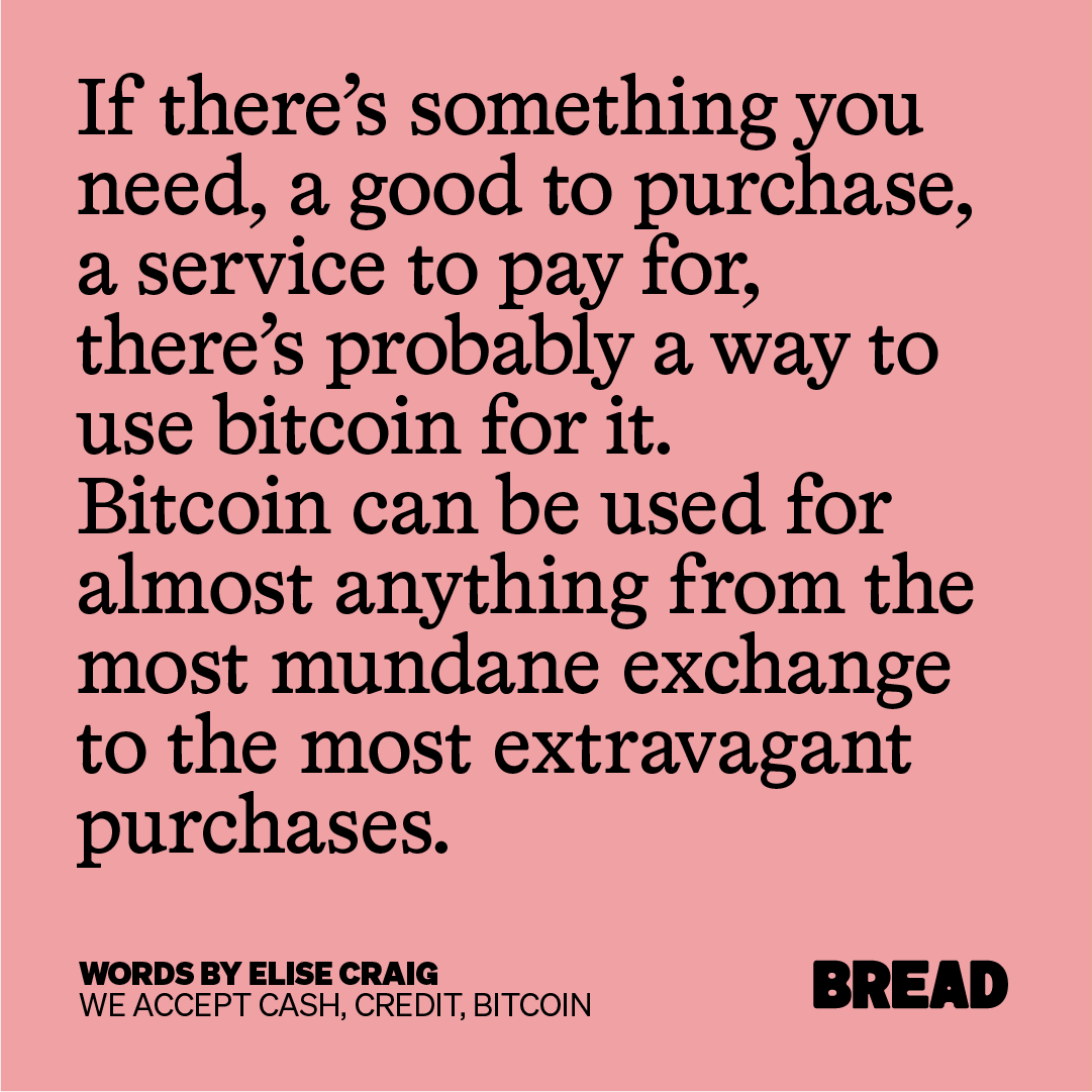 CashApp's tweet photo. Discover the wildest, wackiest, meatiest, most surprising ways people use bitcoin in the first issue of BREAD. Elise Craig writes about it in our new zine, which you can read at https://t.co/JpZQPVzuPW.
#getyourBREAD
Visuals by Stephanie Specht https://t.co/bGxQeHrIZ0
