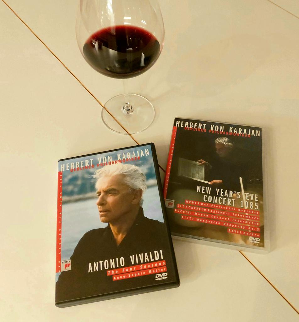 Enjoying the Lebanese red and having yet another Karajan Abend at home. Didn't even remember we had these DVD gems in the library. Karajan's Quattro Stagioni with Mutter and the whole 1985 Neujahrskonzert from Berlin Philharmonie give us the wings to fly. Beautiful evening, all.