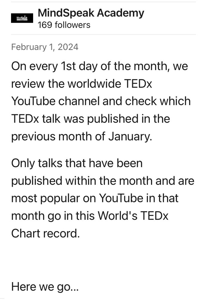 Holy moly! Coming in at number 9 on the top 10 WORLD TEDx chart for most watched on YouTube in January 🤯

Here’s the link if you’d like to see!

youtu.be/I88aZvrqNmM?si…

Huge thanks to everyone who watched ❤️

<a href="/TEDx/">TEDx</a> <a href="/TEDxNewcastle/">TEDxNewcastle</a>