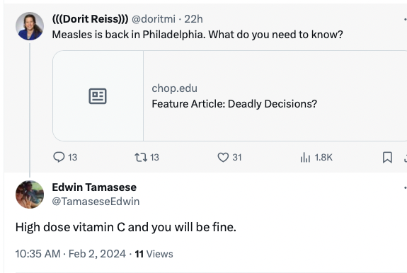 doritmi's tweet photo. This person worked to discourage vaccination and promote vitamins as a measles outbreak in Samoa killed tens of young unvaccinated children: https://t.co/PFwhL8M2UQ

It stopped after a government vaccination effort, which he opposed.
He is still promoting vitamins for measles. https://t.co/E2jAOVcpZl