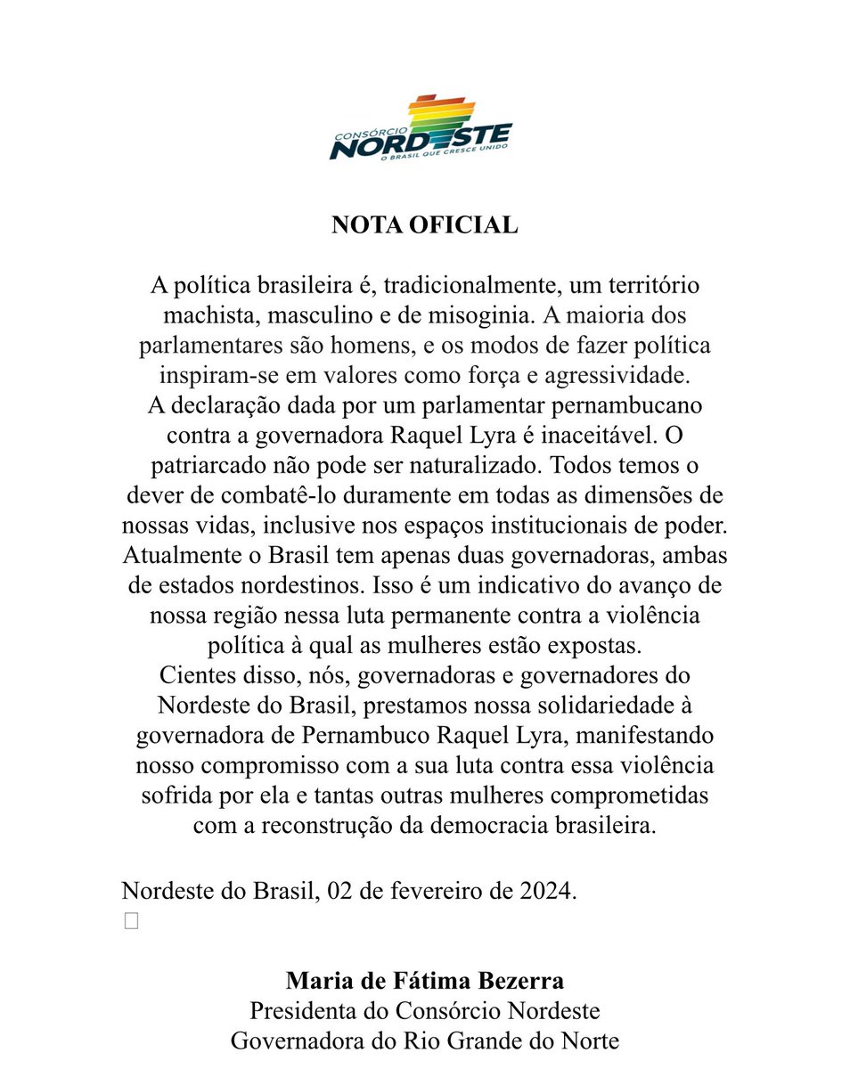 fatimabezerra's tweet photo. Nós, do @ConsorcioNorde2, também prestamos todo nosso respeito e solidariedade à governadora de Pernambuco, @raquellyra, alvo de comentários machistas e misóginos. https://t.co/xXrp8Cnddc