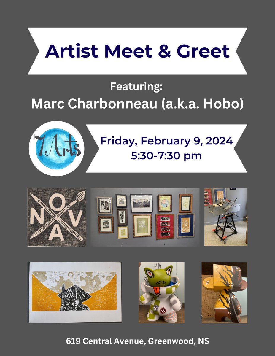 Stop by 7Arts this month to see a unique solo art exhibit by NOVA club artist Marc Charbonneau (a.k.a. Hobo). On Friday, Feb 9 from 5:30-7:30pm Marc will be at the gallery/studio for an artist meet &amp; greet. This is a FREE event and open to everyone!