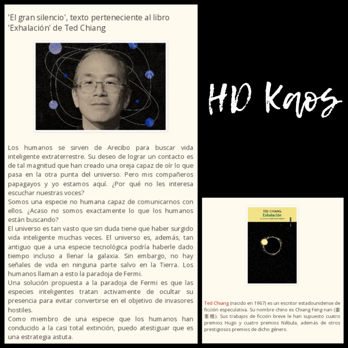 LecturaDigitalR's tweet photo. 📖Ficción.

#TedChiang #EstadosUnidos🇺🇲

#arte #cultura #literatura #lectura #autor #escritor #texto #fragmento #literario #ficción #ficciónespeculativa #letras #entradas #blog https://t.co/NZ0MRpKr3G