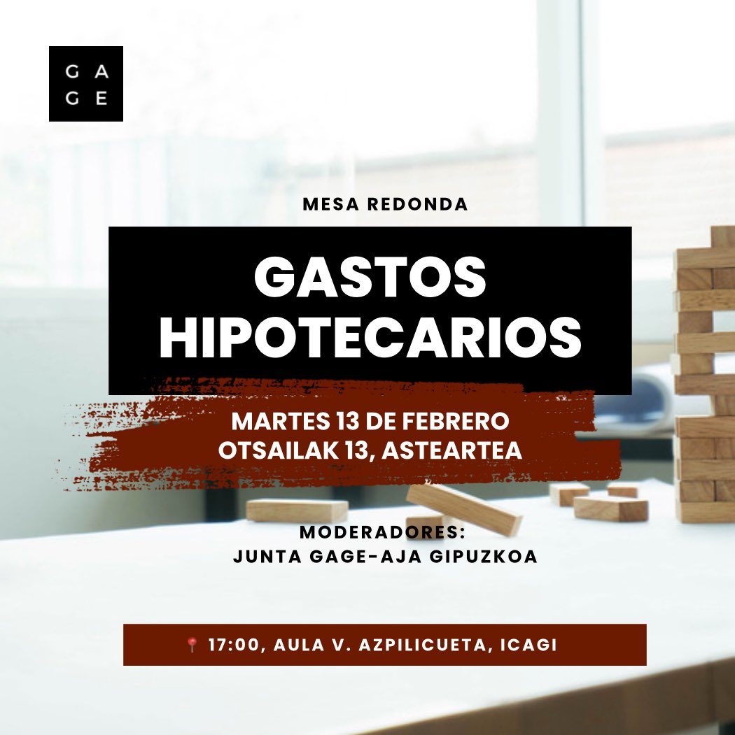 El próximo 13 de febrero hemos organizado una mesa redonda para que entre todos y todas podamos poner en común y plantear asuntos relativos a los #gastoshipotecarios.

Pese a que no hay aforo, os agradecemos que os inscribáis enviando un correo a aja@icagi.net