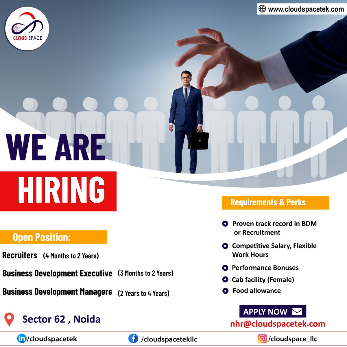 𝐂𝐥𝐨𝐮𝐝 𝐒𝐩𝐚𝐜𝐞 𝐋𝐋𝐂 𝐢𝐬 𝐇𝐢𝐫𝐢𝐧𝐠 𝐟𝐨𝐫 𝐍𝐨𝐢𝐝𝐚 𝐒𝐞𝐜𝐭𝐨𝐫 62 𝐋𝐨𝐜𝐚𝐭𝐢𝐨𝐧: To apply, please send your resume to nhr@cloudspacetek.com. #CloudSpaceLLC #Recruiters #StaffingSolutions #HRJobs #HiringNow #NoidaJobs #BusinessDevelopment #SalesJobs #BDE